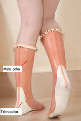 Women Pink Latex Socks with Lace Trim