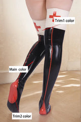 Womens Red Cross Latex Socks Thigh High Stockings
