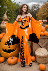 Women Orange Latex Dress Cape Sleeves BeWitching