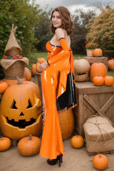 Women Orange Latex Dress Cape Sleeves BeWitching