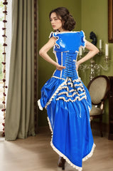 Women Blue Latex Dress White Lace
