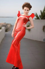 Women Red Latex Dress Shoulder Chest Cut Out