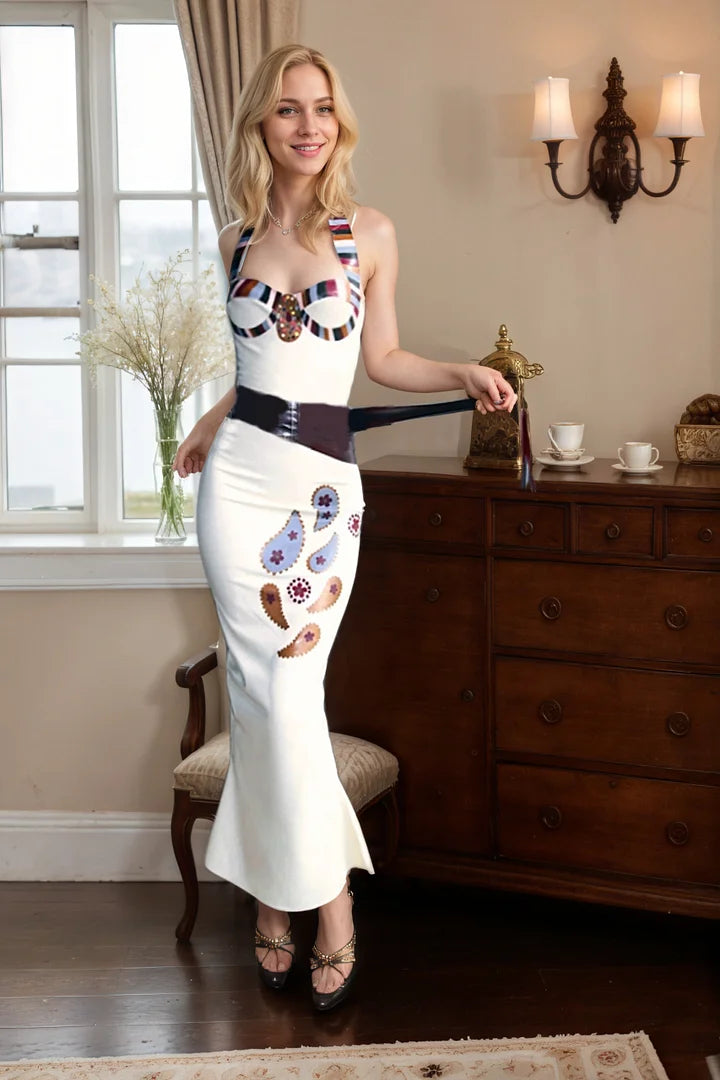 Women Latex Dress Multi colored Stripe Halter