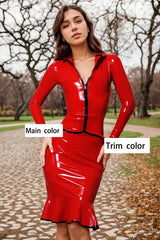 Women Red Latex Tops Front Zipper Lapel Collar