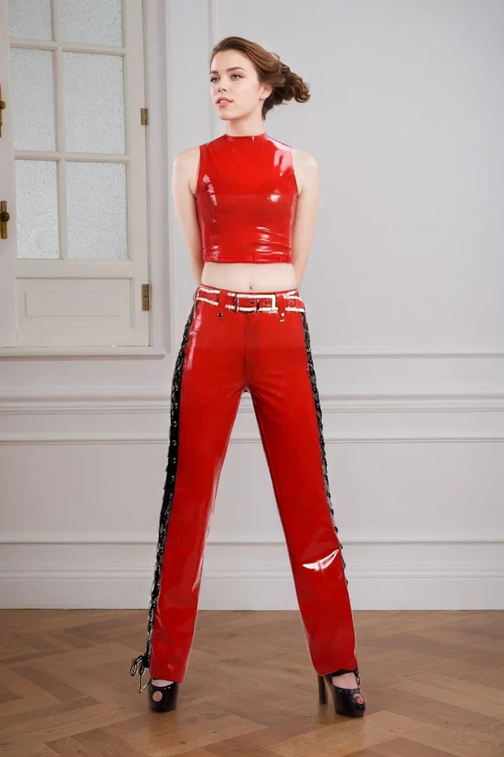 Womens Red Latex Pants with Side Lacing