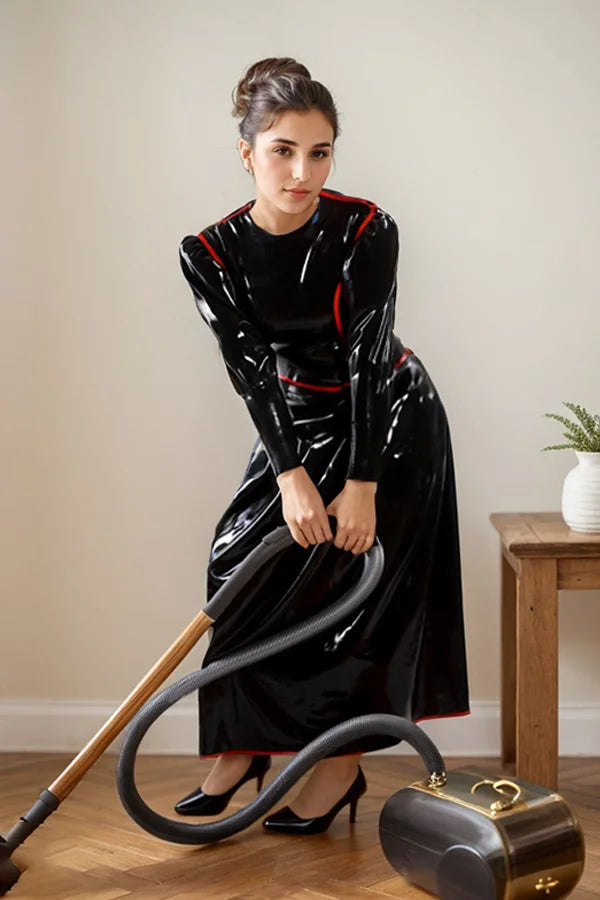 Women Black Latex dress Gown Red Trim
