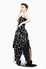 Women Black Latex Dress with Petal Layers