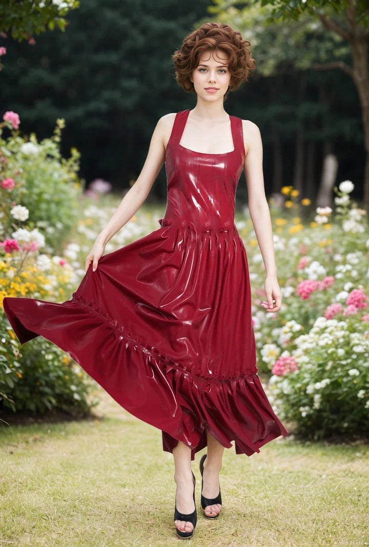 Women Latex Dress Pop Suspenders Ruffled Skirt Part