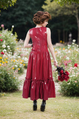 Women Latex Dress Pop Suspenders Ruffled Skirt Part