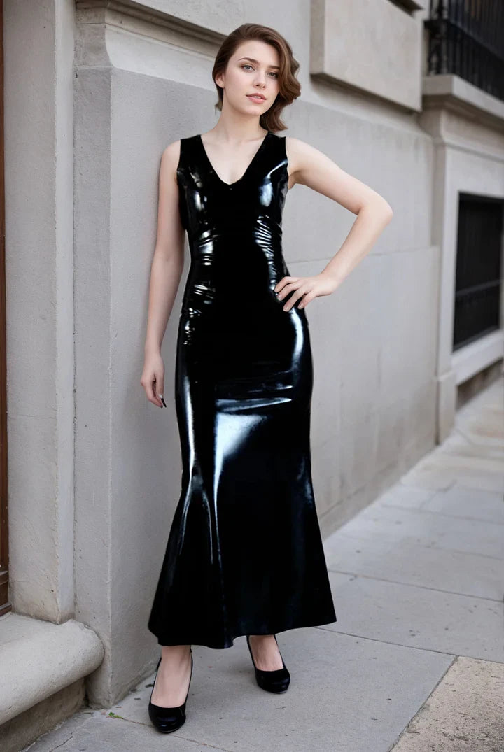 Women Latex Dress Black Minimalist Evening Gown