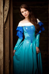 Women Latex Dress Rapunzel Blue Ruffle Hem