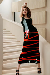 Women Black Latex Maxi Dress Ribbon Entwined