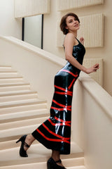 Women Black Latex Maxi Dress Ribbon Entwined
