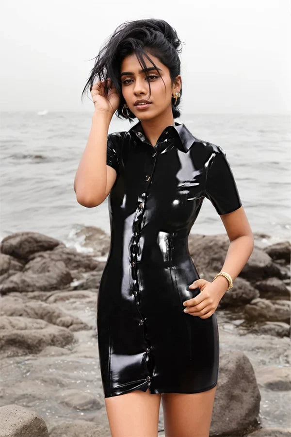 Women Elegant Black Latex Mini Dress Buttons