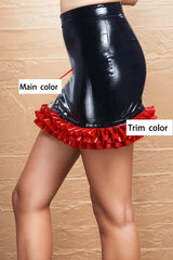Womens Black Latex Mini Skirt Ruffled Micro
