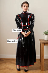 Women Black Latex dress Gown Red Trim