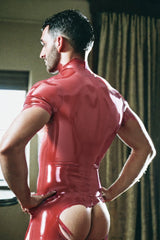 Men Latex Bodysuit Romper Style Open Bum Classic Short Sleeve