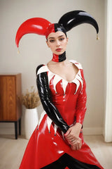 Women Latex Dress Harley Quinn Jester Cosplay Gown