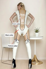 Women Latex Catsuits square neckline short sleeve