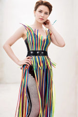 Women Latex Dress Rainbow Fringe Artistic