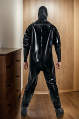 Men Latex Catsuits Heavy Black Hooded Diving