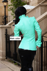 Women Green Latex Tops Puffed Sleeve Shirt