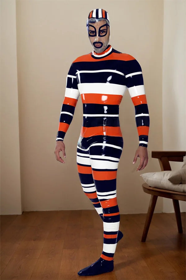 Man Latex Catsuits Candystripe Hooded With Feet
