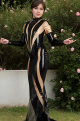 Women Latex Dress Spikes Black and Nude Gown