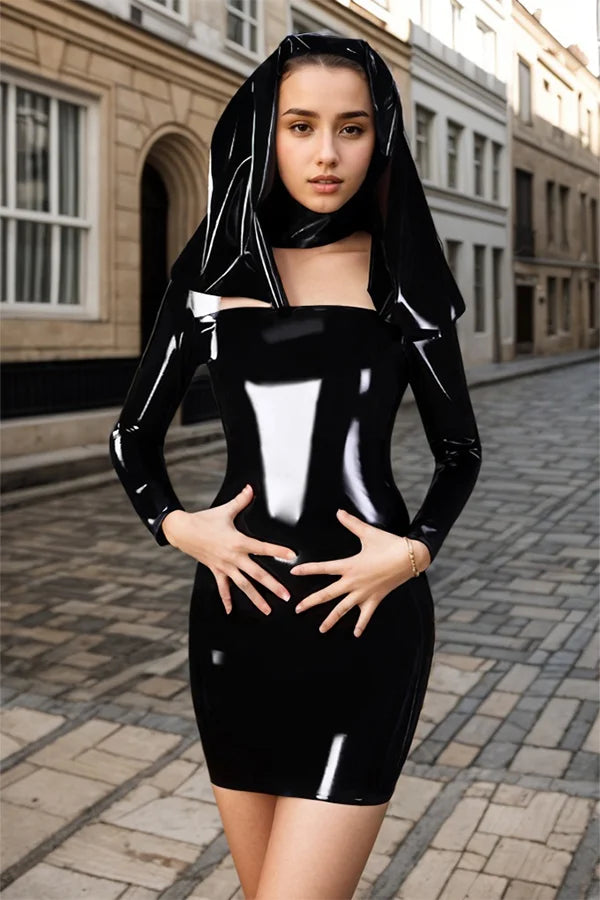 Women Latex Dress Head scarf Pencil Skirt