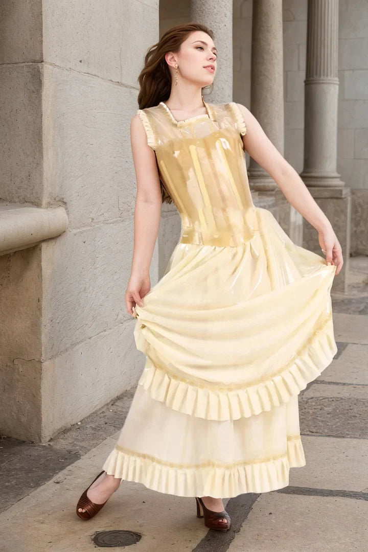 Women Latex Dress Double lace translucent light yellow