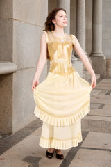 Women Latex Dress Double lace translucent light yellow