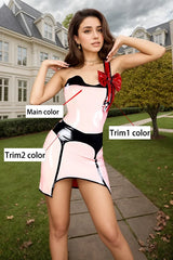 Women Pink Latex Mini Dress Red Bow