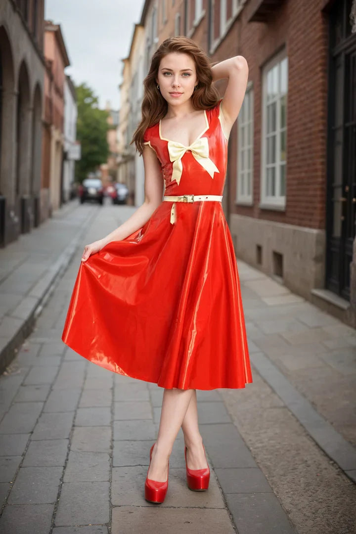 Women Red Latex Party Dress with White Trim