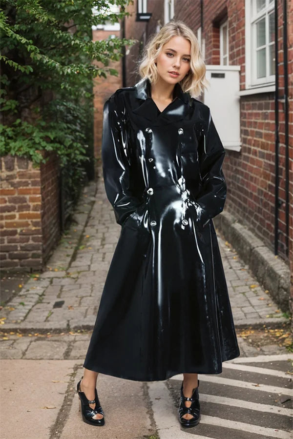 Women Latex Coats Black Double Breasted Trench