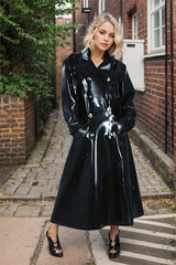 Women Latex Coats Black Double Breasted Trench