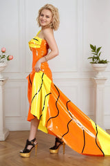 Women Latex Dress Gown Tropical Sun Orange