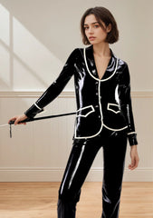 Women Black Latex Tops Metal Buttons Suit