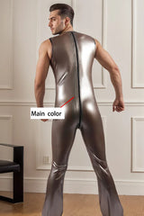Man Latex Catsuits Retro Flared Legs Sleeveless Jumpsuit