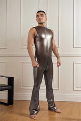 Man Latex Catsuits Retro Flared Legs Sleeveless Jumpsuit