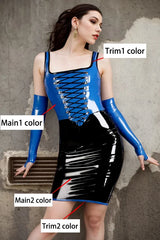 Women Latex Tops Blue and Black Set