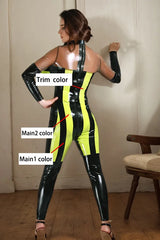 Women Latex Catsuits Striped with Chest Big boobs