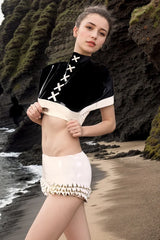 Women Black Latex Tops Crisscross Cape Short