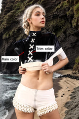Women Black Latex Tops Crisscross Cape Short
