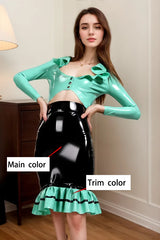 Women Latex Tops and Skirt Set