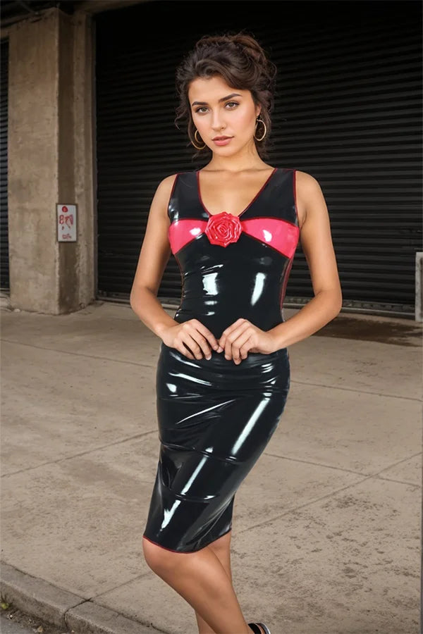 Women Black Latex Pencil Dress Rose Embellishment