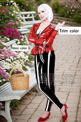 Women Latex Jacket Red Peplum V Neck