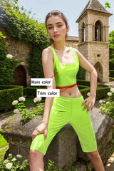 Women Green Latex Shorts Singlet Crop Top Set