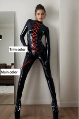 Women Latex Catsuits Black Red Lacing
