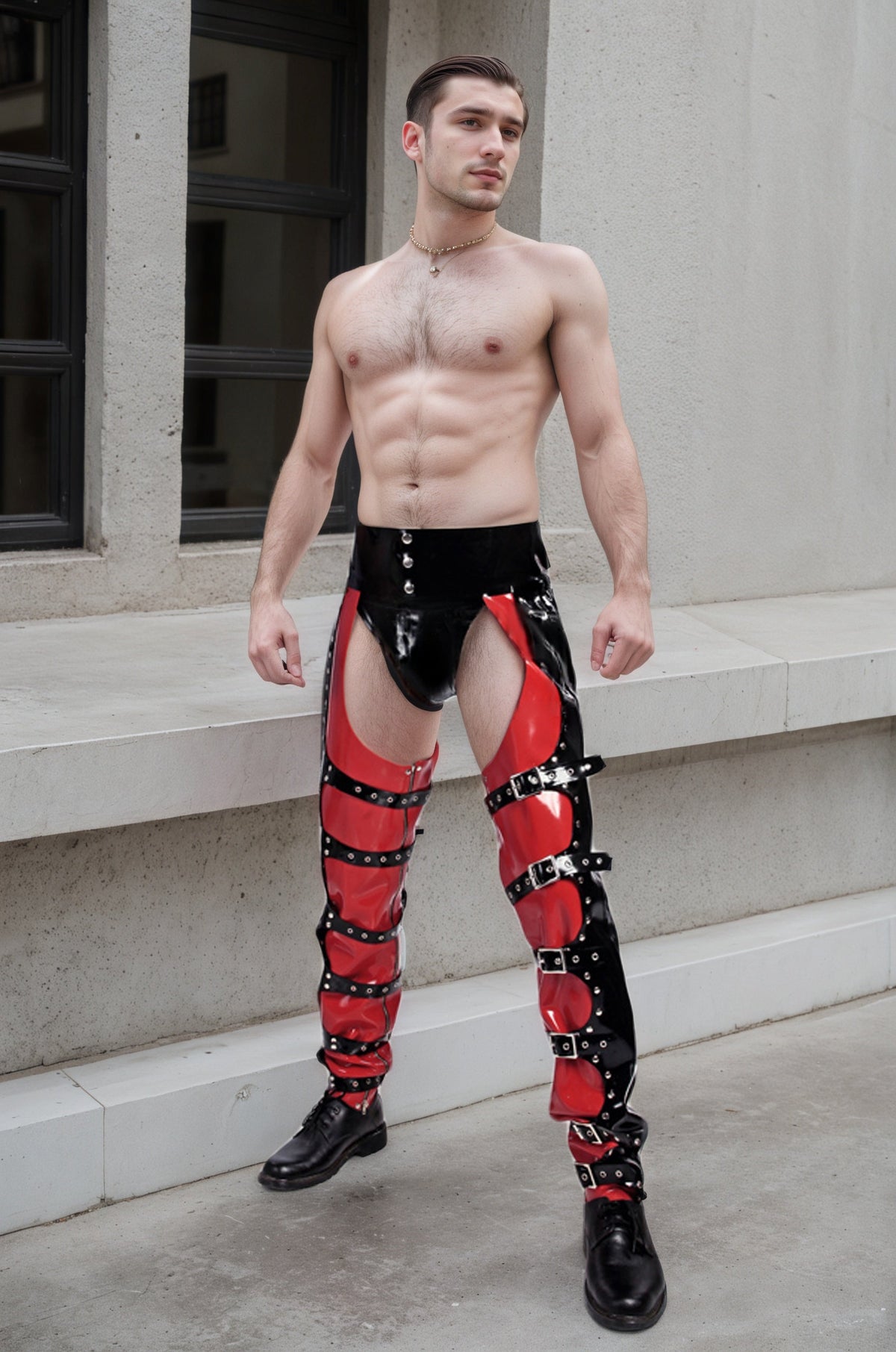 Men Buckled Latex Pants Bronco Chaps