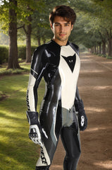Men Latex Catsuits T-Age Style Biker Black White Racing